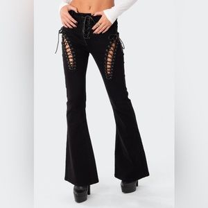 Black jeans with laces. Lace-up black Jeans. Flare leg